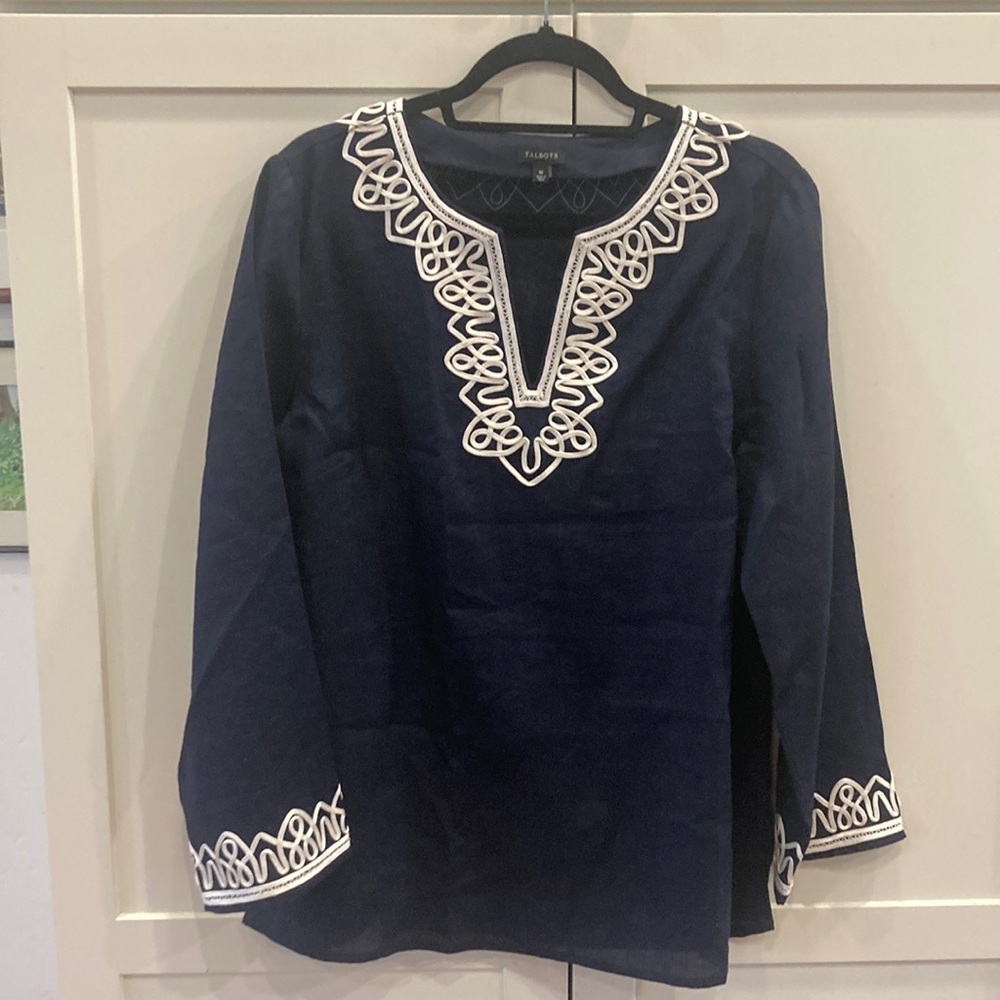 Talbots Navy & White Cord Trimmed Linen Tunic/Coastal Grandma; Size Medium